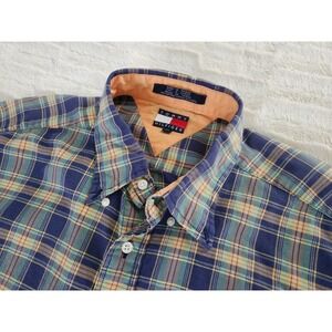 Tommy Hilfiger Long Sleeve Button Down Plaid‎ Shirt Blue Vintage Mens XL